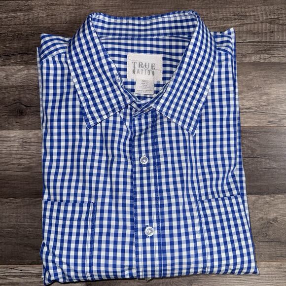 True Nation Short Sleeve Button Up Shirt Mens 3XL Blue/white Plaid - Picture 1 of 5